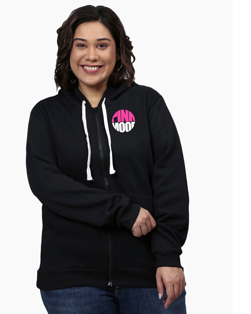 Front of a model wearing a size 5XL Black Hooded "Pink Mood" Printed Sweatshirt in Black by Instafab Plus. | dia_product_style_image_id:297504